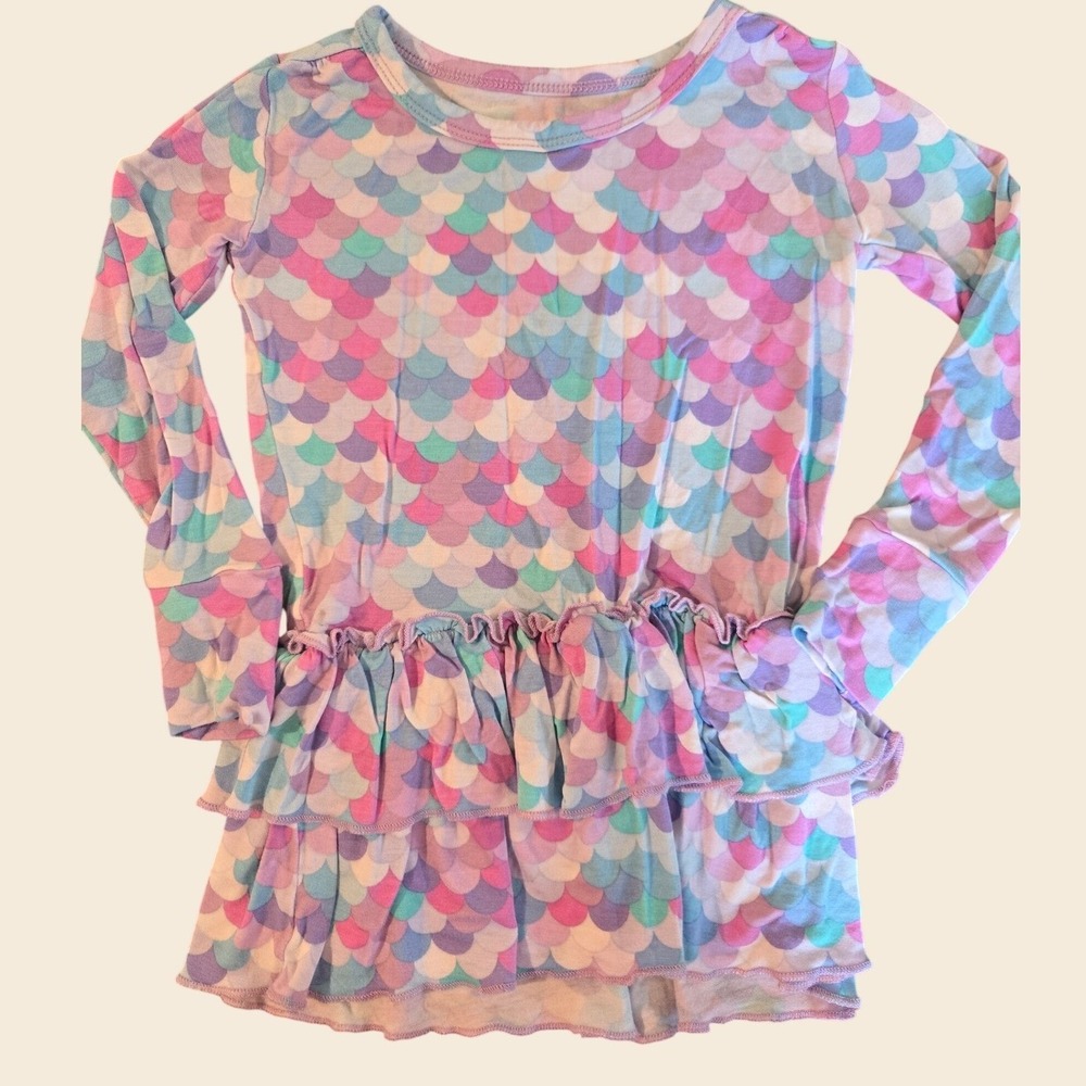 Little Bum Bums Mermaid Scale Tiered Ruffle Tunic Top Long Sleeve Purple Pink 2T